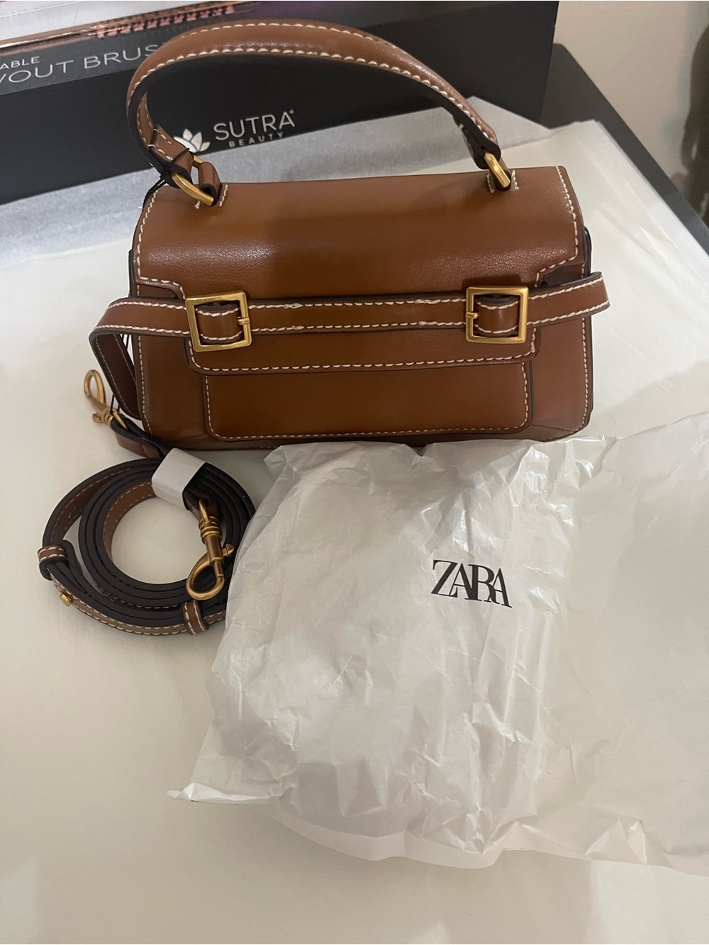 ZARA Mini City Buckle Crossbody Satchel Camel Brown Top Handle NWT - Picture 6 of 10
